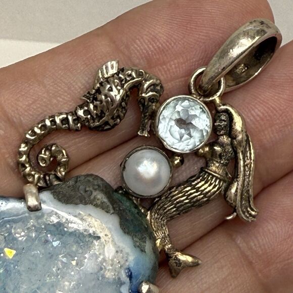 Sterling Silver Blue Agate Druzy Topaz Mermaid Seahorse Pendant Rare 20.63g - Picture 2 of 10